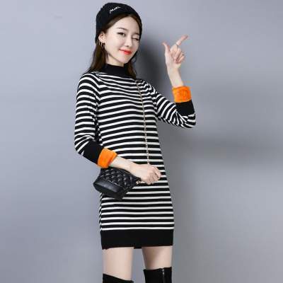 加绒加厚中长款毛衣女修身显瘦 加绒加厚中长款毛衣女秋冬季修身显瘦打底衫条纹大码保暖上衣春装