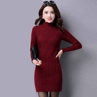 中长款毛衣连衣裙女秋冬季新款韩版加绒加厚大码女装打底上衣春装