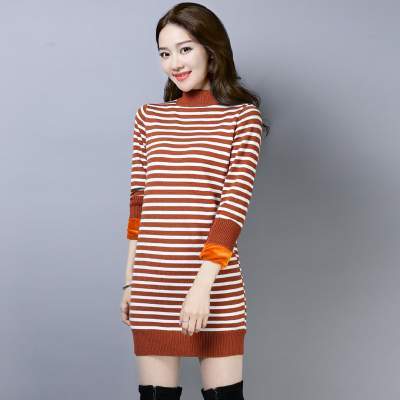 2019新款中长款毛衣条纹连衣裙女秋冬季韩版加绒加厚大码打底上衣