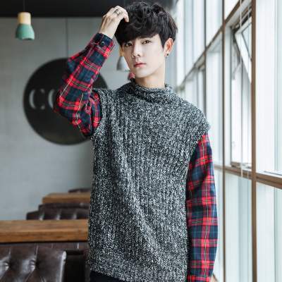 2019新款日系个性半高领毛衣男秋冬季韩版潮假两件针织衫外套毛线