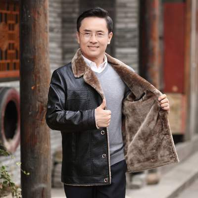 冬季新款中年男士大毛领皮夹克爸爸装外套加绒加厚中老年PU皮衣男