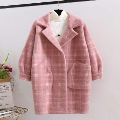 格子仿水貂绒大衣女中长款宽松外 格子仿水貂绒大衣女中长款2019厚毛衣女宽松外穿仿水貂绒毛衣开衫