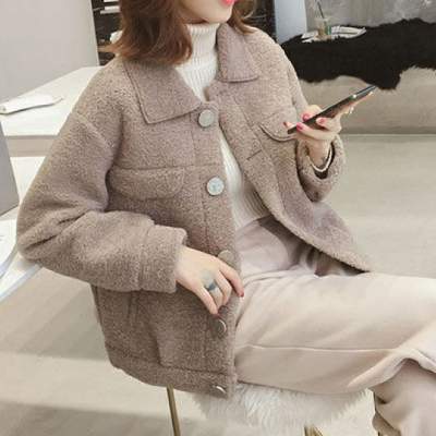 小个子短款仿羊羔毛外套女上衣女 2019冬季新款韩版单排扣小个子短款仿羊羔毛外套女学生宽松上衣女