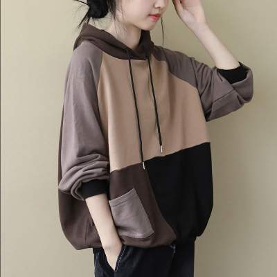 卫衣女韩版潮宽松加厚连帽拼接T恤 纯棉卫衣女韩版潮宽松秋冬季加厚2019新款连帽拼接长袖T恤上衣ins