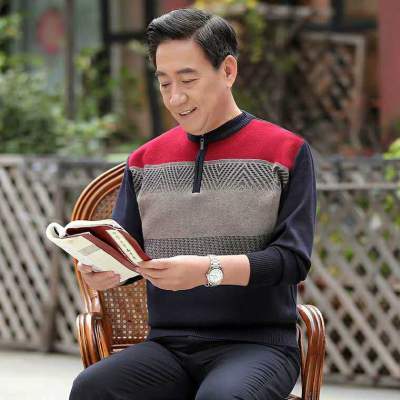 爸爸毛衣秋装上衣中年男士针织衫冬装加厚保暖40-50中老年人男装