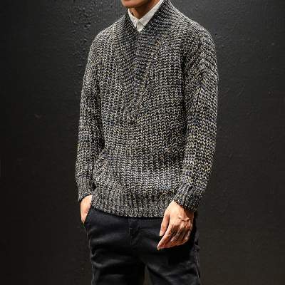 日系复古半高领套头毛衣男士休闲V领针织衫秋冬款毛线ins潮流港风