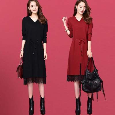 女v领蕾丝秋季打底针连衣裙 时尚2019新款女v领蕾丝连衣裙韩版宽松春秋季连衣裙打底针织裙子